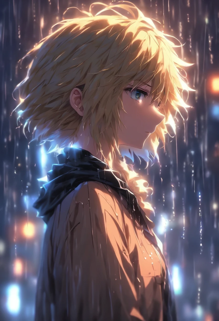 Sad girl,cry,darkness,Rain sky,。.。.。.。.。.。.。.。.。.。.。.。.3D,Upscale,hard disk,Blonde short,is crying,with his back turned