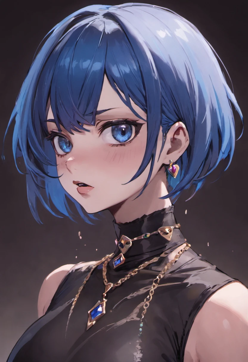 masutepiece, Best Quality,。.3D Lending Works ,。.3DMM Style,close-up,Portrait, 。.3D,1girl in, Solo, multicolored hair, Blue hair, Black hair, Necklace, freckle, Jewelry, Two-tone hair, Looking to the side, Realistic, Upper body, Simple background, Bangs, Looking away, Short hair, Parted lips, Black eyes, Lips, Gothic, Choker, makeup, Mole, Black shirt, Shirt, watermarked