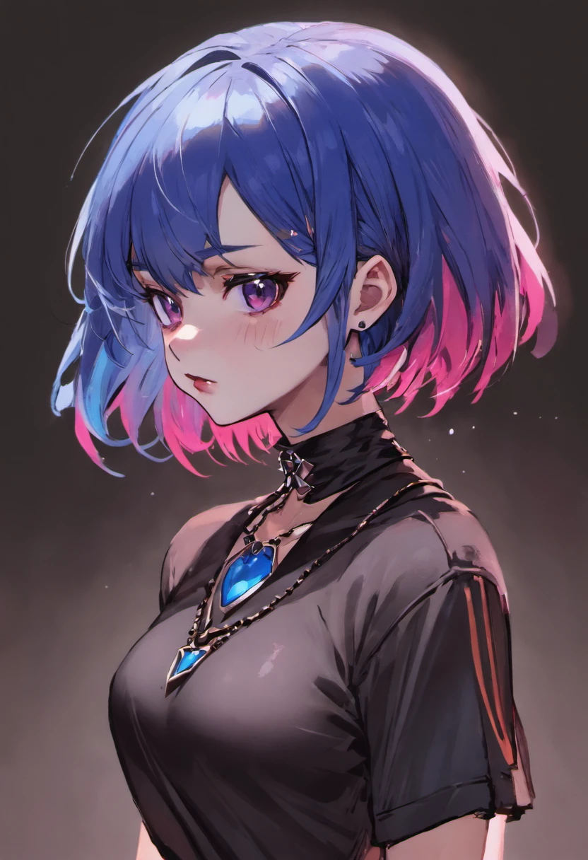 masutepiece, Best Quality,。.3D Lending Works ,。.3DMM Style,close-up,Portrait, 。.3D,1girl in, Solo, multicolored hair, Blue hair, Black hair, Necklace, freckle, Jewelry, Two-tone hair, Looking to the side, Realistic, Upper body, Simple background, Bangs, Looking away, Short hair, Parted lips, Black eyes, Lips, Gothic, Choker, makeup, Mole, Black shirt, Shirt, watermarked
