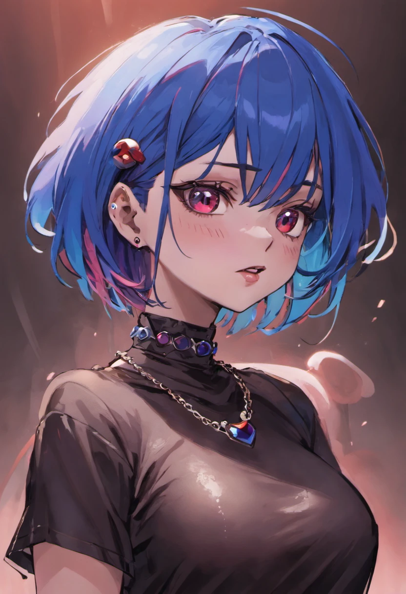 masutepiece, Best Quality,。.3D Lending Works ,。.3DMM Style,close-up,Portrait, 。.3D,1girl in, Solo, multicolored hair, Blue hair, Black hair, Necklace, freckle, Jewelry, Two-tone hair, Looking to the side, Realistic, Upper body, Simple background, Bangs, Looking away, Short hair, Parted lips, Black eyes, Lips, Gothic, Choker, makeup, Mole, Black shirt, Shirt, watermarked