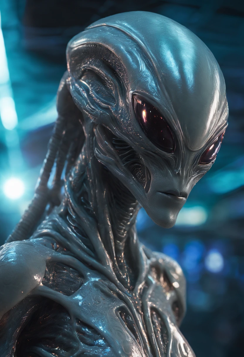 Alien wearing iroman suit, fantchar, a translucent ethereal alien with delicate features in a sci-fi setting, glowing from within, sparks and lights, moonlight, moon, close-up, realistic, highly detailed, intricate