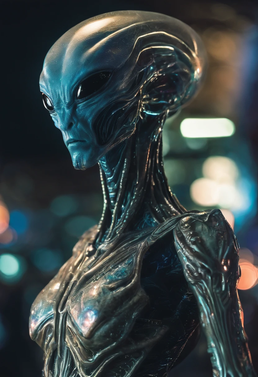 Alien wearing iroman suit, fantchar, a translucent ethereal alien with delicate features in a sci-fi setting, glowing from within, sparks and lights, moonlight, moon, close-up, realistic, highly detailed, intricate