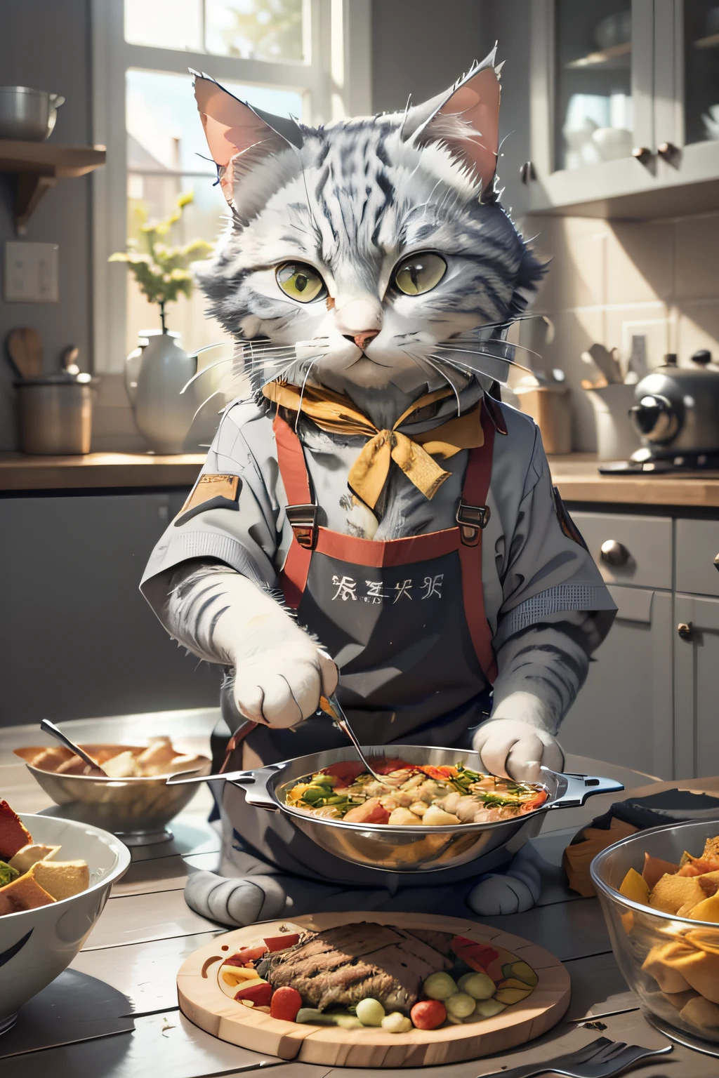 Close-up photo (Gray tabby cat preparing food on table:1.2), (c4ttitude:1.3), in glasstech kitchen, Surreal and intricate details, (nebulous:1.1), Baixiao perspective