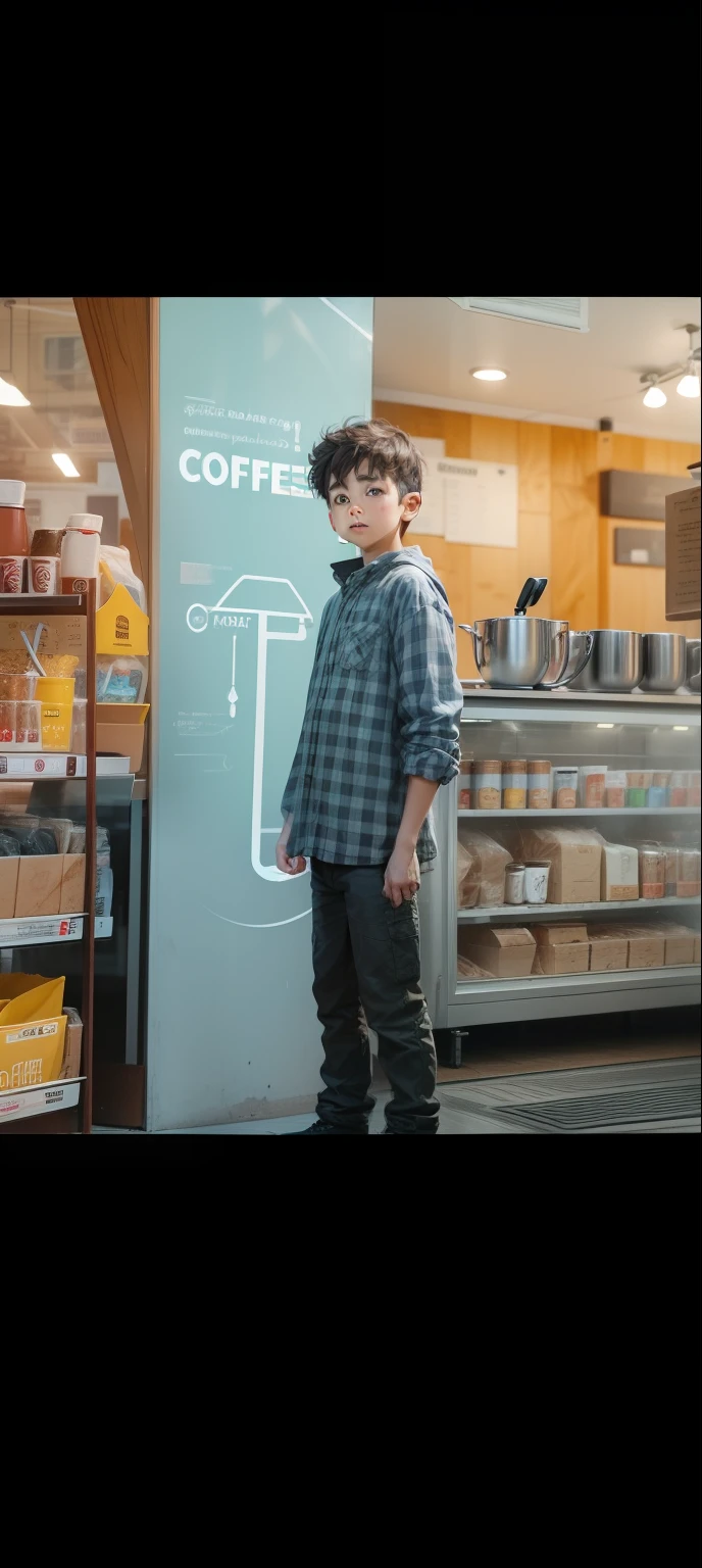 Boy with coffee future stick background realistic face