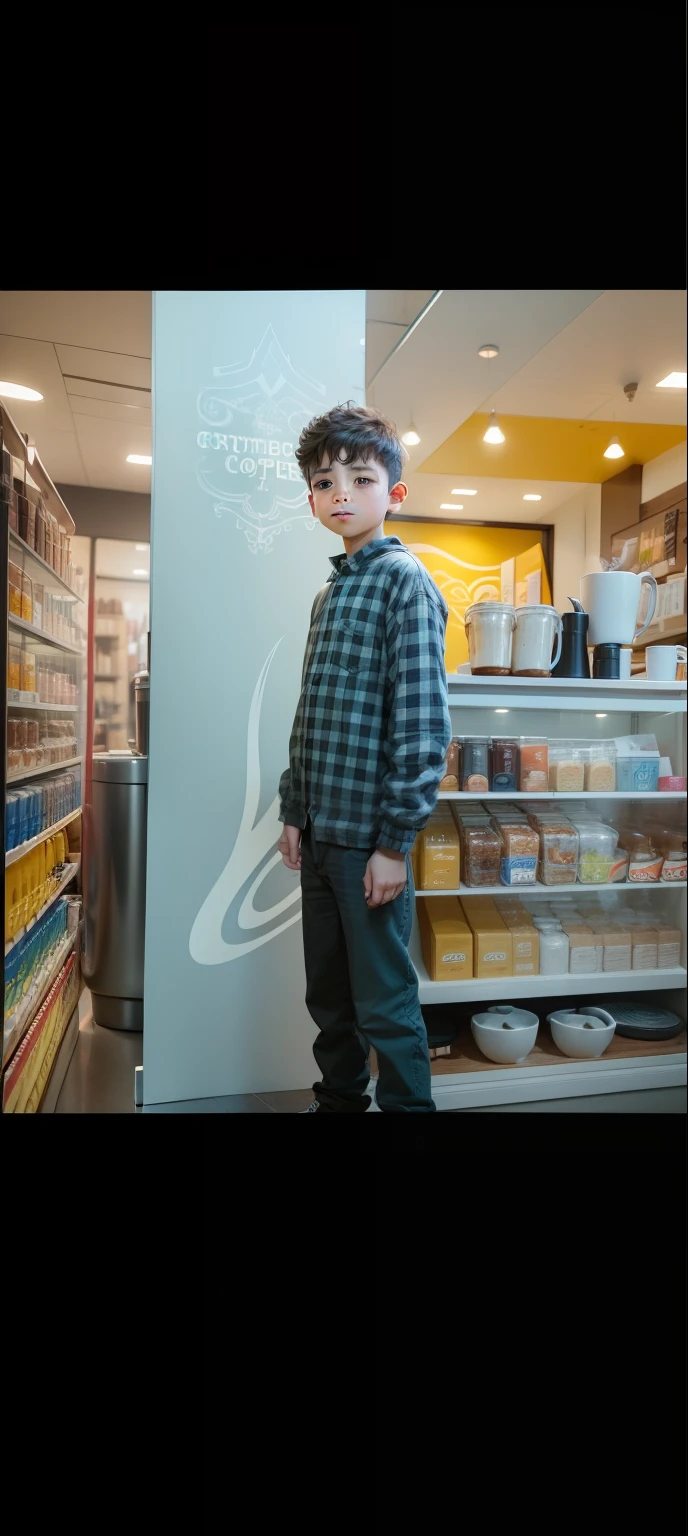 Boy with coffee future stick background realistic face