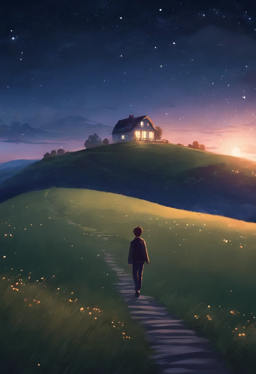 Draw a house with stars and a man walking up a hill, Well drawn, drawn with photoshop, fully body pose, style of anime, starrysky, Twinkling stars, Scenes, nigh sky, clean anime outlines, long hair girl