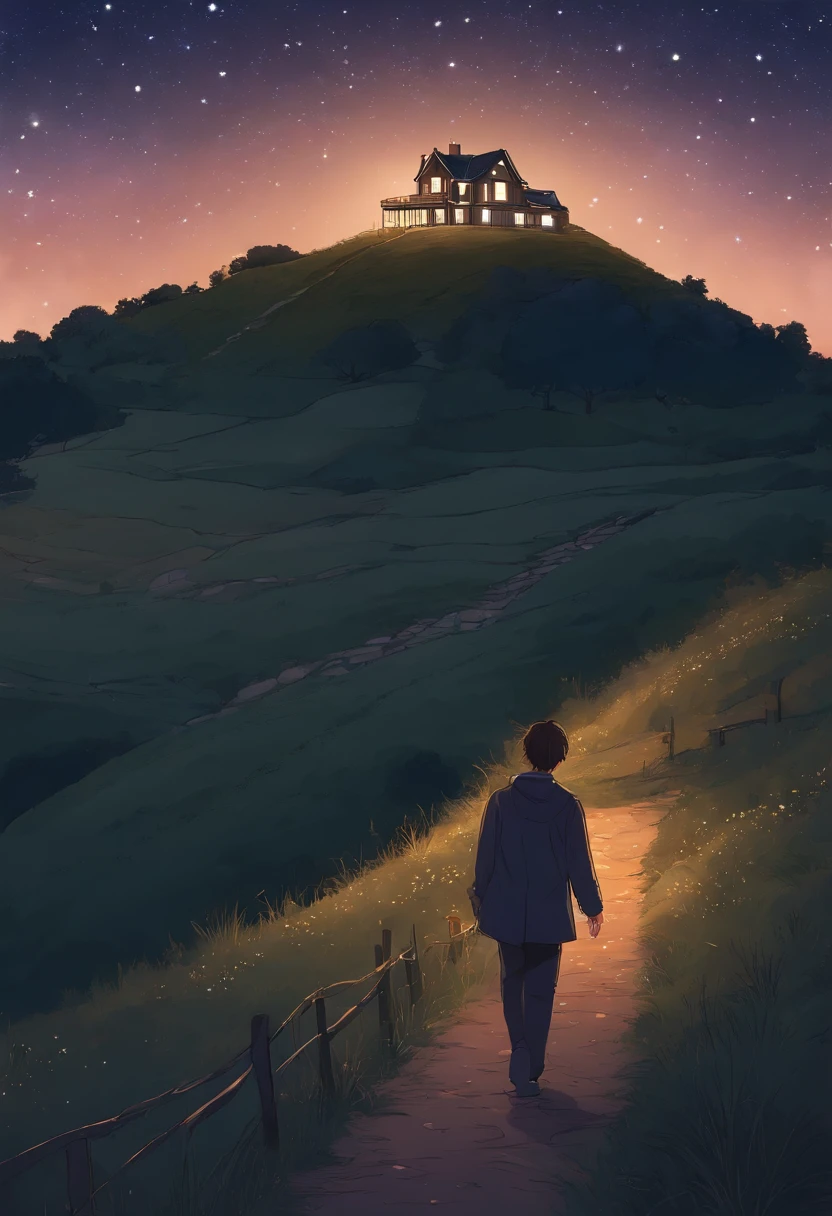 Draw a house with stars and a man walking up a hill, Well drawn, drawn with photoshop, fully body pose, style of anime, starrysky, Twinkling stars, Scenes, nigh sky, clean anime outlines, long hair girl