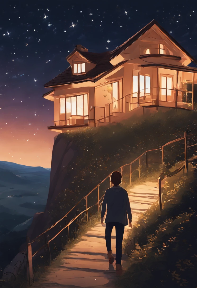 Draw a house with stars and a man walking up a hill, Well drawn, drawn with photoshop, fully body pose, style of anime, starrysky, Twinkling stars, Scenes, nigh sky, clean anime outlines, long hair girl