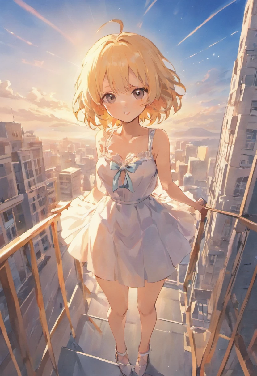 Lori huge breasts cleavage,chiquita,White color blouse,Short white dress,Stand next to the railing,Throw paper airplanes,At heights,having fun,school ground,A glass-walled high-rise building in the distance,in the early morning,shining sun,At sunrise,hight contrast,tmasterpiece,best qualtiy