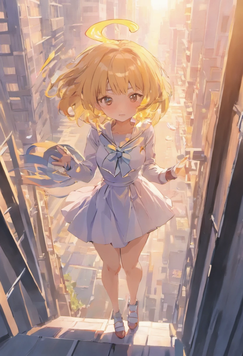 Lori huge breasts cleavage,chiquita,White color blouse,Short white dress,Stand next to the railing,Throw paper airplanes,At heights,having fun,school ground,A glass-walled high-rise building in the distance,in the early morning,shining sun,At sunrise,hight contrast,tmasterpiece,best qualtiy