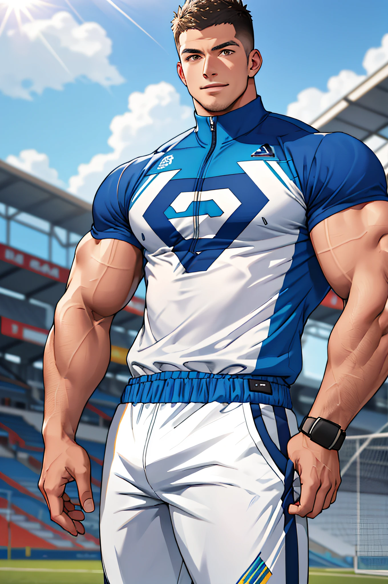 Draw a full-fledged athlete，Stand on the central field of the gym，He wears high-end sportswear，The man looks confident and determined，rays of sunshine，cheerful big breasts，Handsome，Crew cut，full bodyesbian，shooting from below，