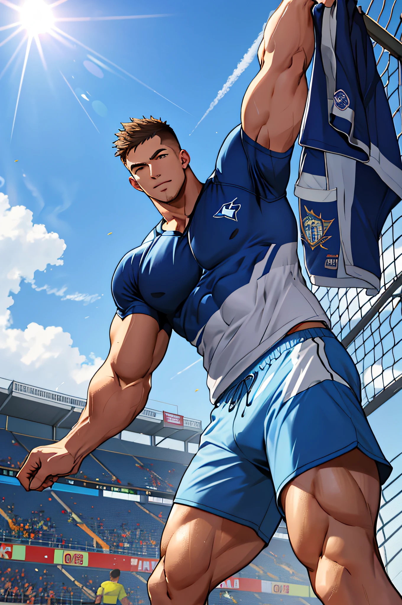 Draw a full-fledged athlete，Stand on the central field of the gym，He wears high-end sportswear，The man looks confident and determined，rays of sunshine，cheerful big breasts，Handsome，Crew cut，full bodyesbian，shooting from below，