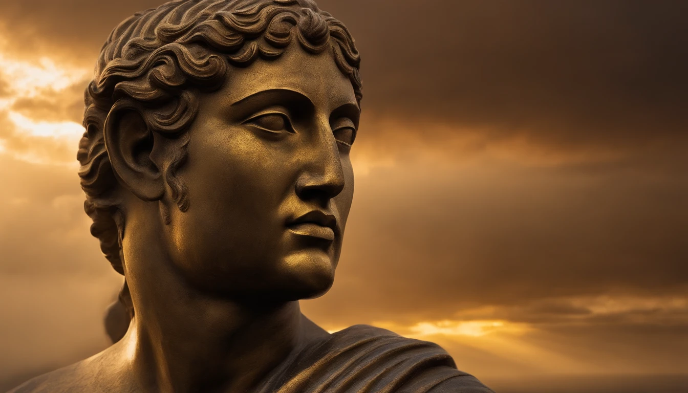 stoic statue, half angel half demon, epic, looking at the camera, view from a distance, divided in two by a line of gold, wabi sabi, perfect and imperfect, duality, detailed, cinematic light, epic image