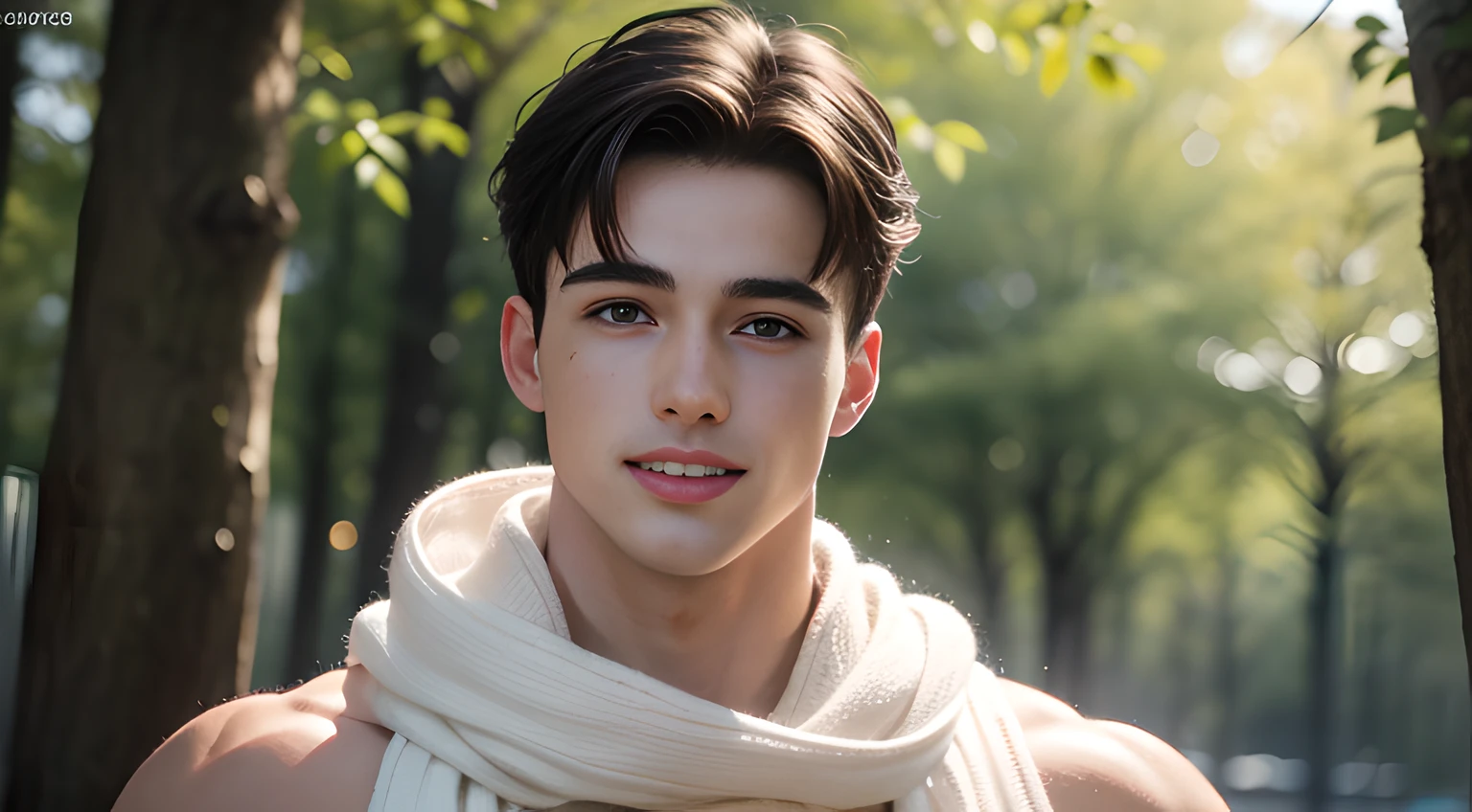 ((Men only)), (head shot), (having a white knit scarf wrapped around his neck), (tank top), ((Pietro Boselli)), (Handsome muscle man in his 10s), (big Smile), (The trees have turned red), (detaile: 1 in 1), Natural muscles, HIG quality, beautidful eyes, (Detailed face and eyes), (Face、: 1 / 2), Noise, Real Photographics、... ...................................................................................................................PSD, Sharp Focus, High resolution 8K, realisitic & Professional Photography, 8K UHD, Soft lighting, High quality, Film grain, FujifilmXT3