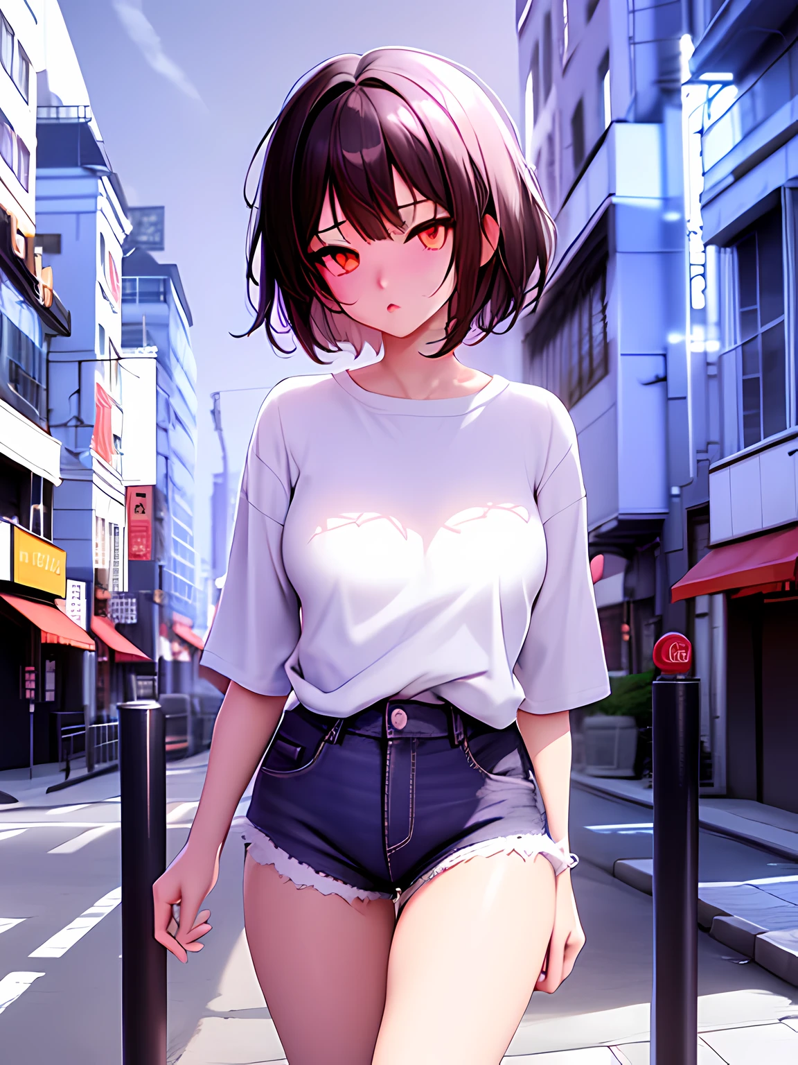 anime girl in short shorts and a white shirt standing on a city street, realistic anime 3 d style, anime moe artstyle, ilya kuvshinov. 4 k, seductive anime girl, anime style. 8k, smooth anime cg art, at a city street, [ 4 k digital art ]!!, clean detailed anime art, anime style 4 k