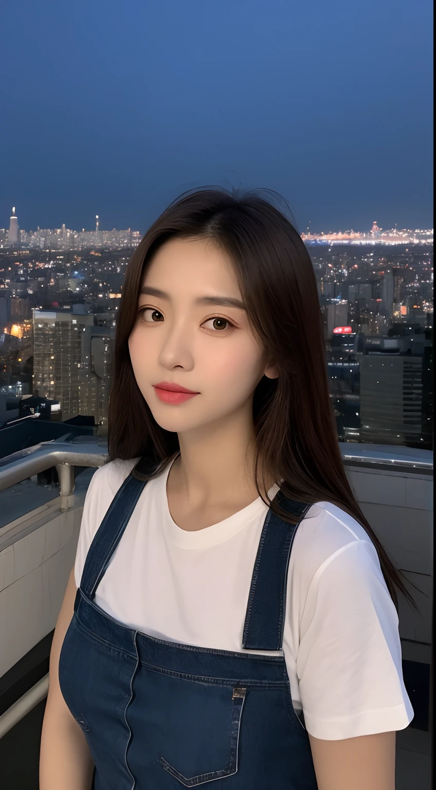 ((Midnight, Best quality, 8k, Masterpiece :1.3)), Whole body, Long legs, Sharp focus :1.2, A pretty woman with perfect figure :1.4, Slender abs :1.1, ((Dark brown hair, Big breasts :1.2)), (White tight tshirt, Jean bib, Standing:1.2), ((Night city view, Rooftop:1.3)), Highly detailed face and skin texture, Detailed eyes, Double eyelid