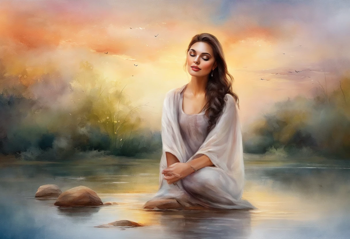 (tmasterpiece),(top-quality),(nffsw),at the sunset, Capture glittering reflections in a quiet puddle, Artistic style to embody 3D models. Amplified Ultra HD, Detail of a young woman's complex face, Light on, Convey feelings of both longing and anticipation. Her beauty was perfect, Configured in a wide-angle configuration,Asymmetric arrangement for increased vitality.