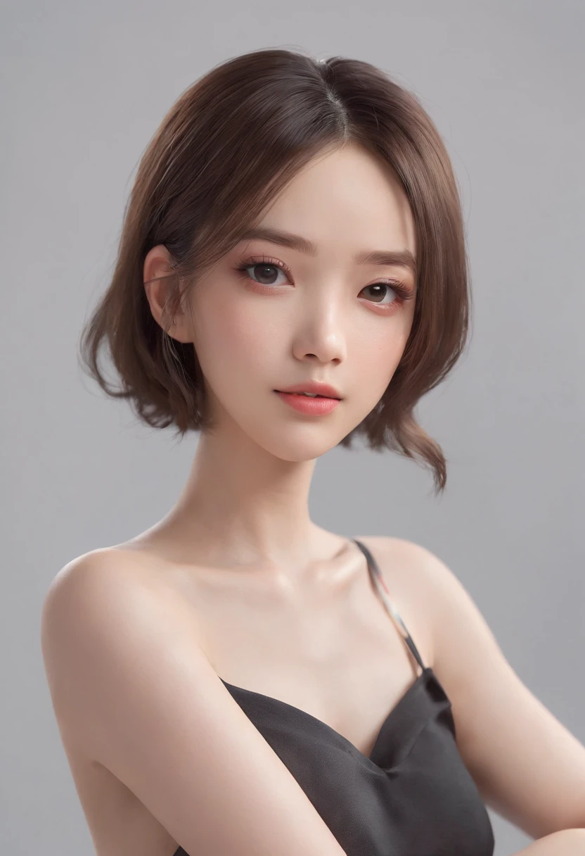 (close up photo:1.3), (looking at viewer closely:1.2), peach orange color, ((Night, Realistic Light, Best Quality, 8K, Masterpiece: 1.3)), 1girl, (Slim Beauty: 1.4), (Abs: 1.1), (Brown hair, Medium breasts: 1.3), cut up knit sweater: 1.1, bedroom, simple background, Super fine face, Delicate eyes, Double eyelids, smile, choker necklace