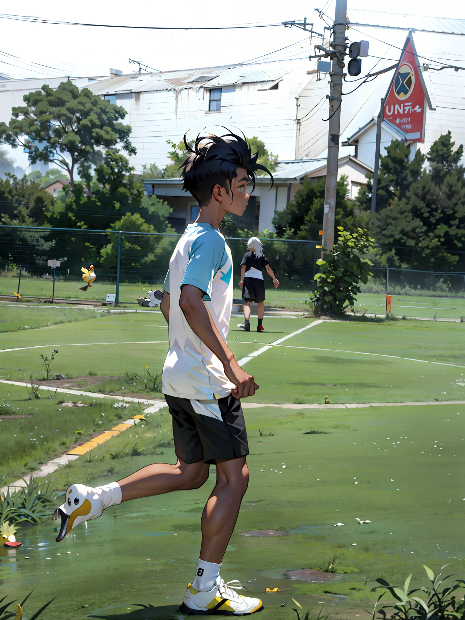 A boy, duck hybrid, messy long white hair, with yellow locks, confused expression, white shirt and shorts, duck feathers and ducktail