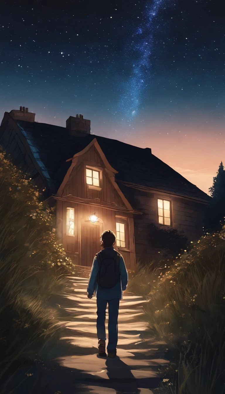 Draw a house with stars and a man walking up a hill, Well drawn, drawn with photoshop, fully body pose, style of anime, starrysky, Twinkling stars, Scenes, nigh sky, clean anime outlines, long hair girl