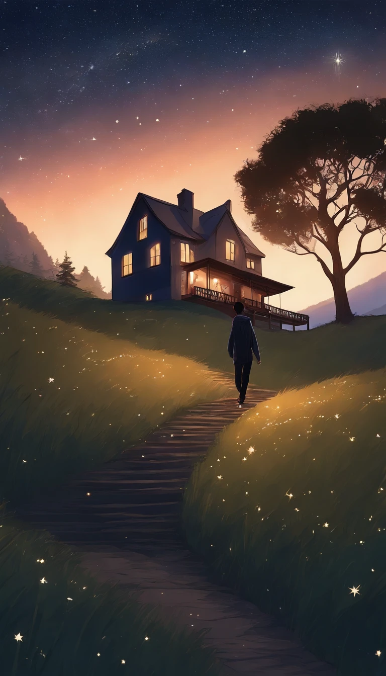 Draw a house with stars and a man walking up a hill, Well drawn, drawn with photoshop, fully body pose, style of anime, starrysky, Twinkling stars, Scenes, nigh sky, clean anime outlines, long hair girl