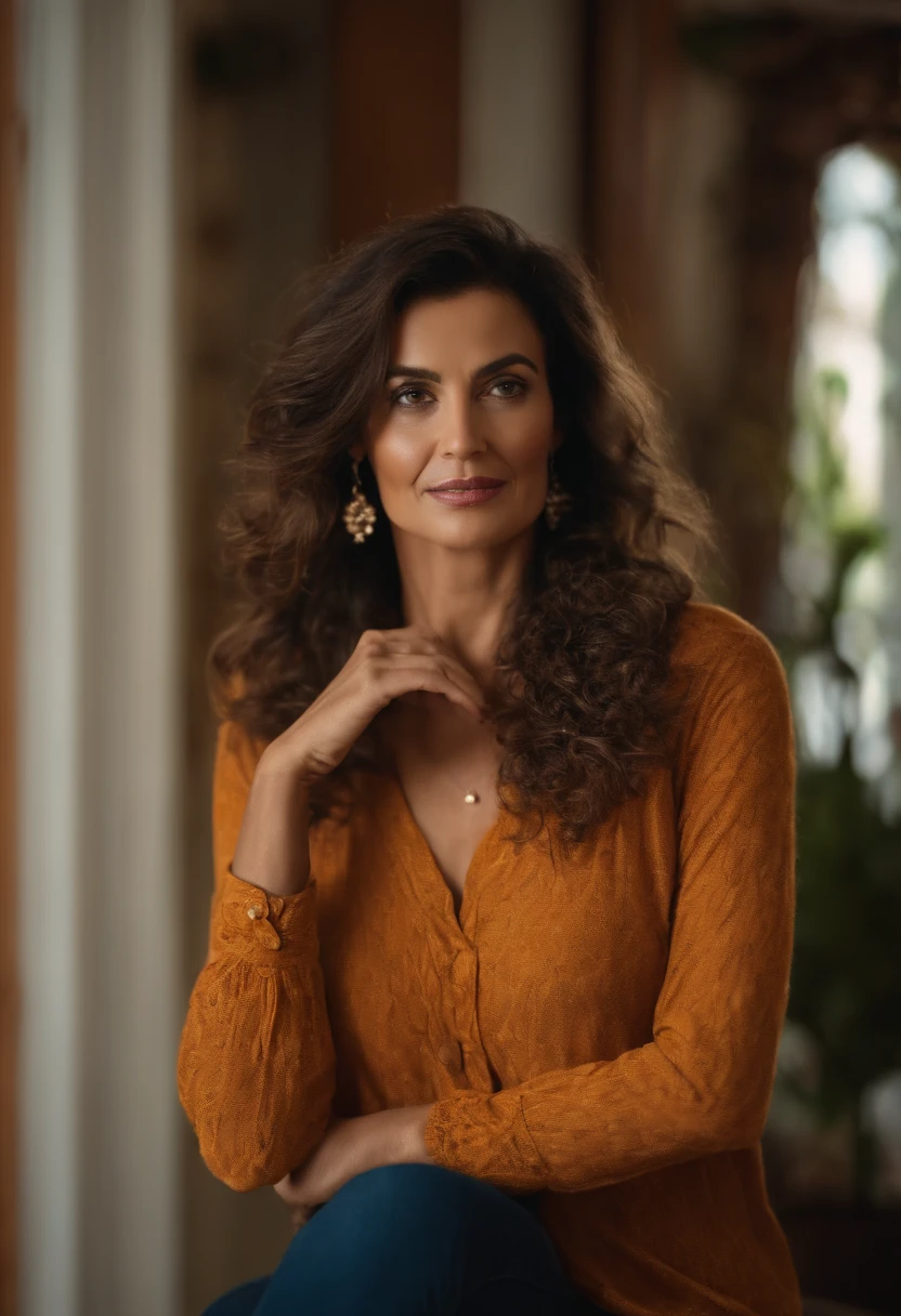 Uma mulher na casa dos 40 anos, bonita, cabelo curto bem arrumado,em casa, wool blouse, 4K, high-res, obra-prima, melhor qualidade, looking-into-camera