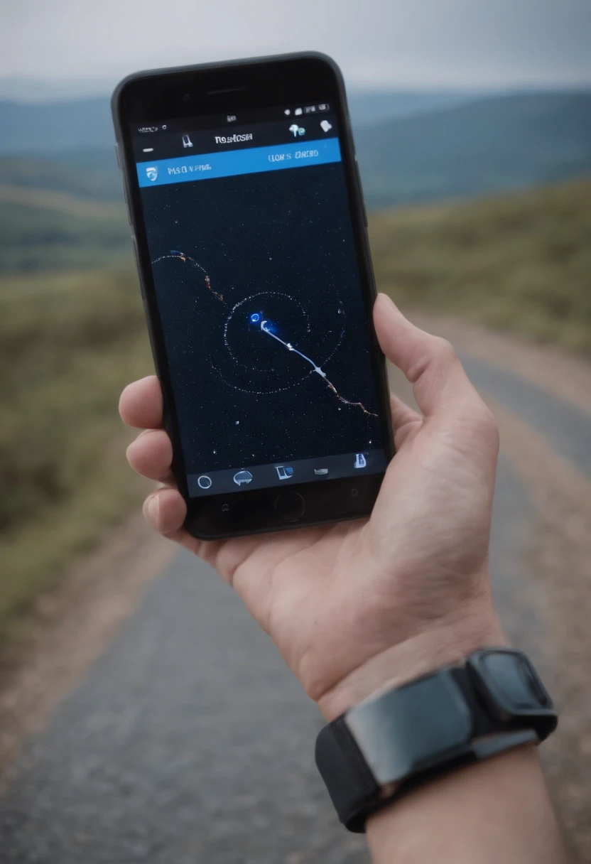 um Smartphone recebe o sinal de um satelite gps em orbita da terra. The smartphone is visible , The satellite is visible and the sent radio signal appears as a straight blue line