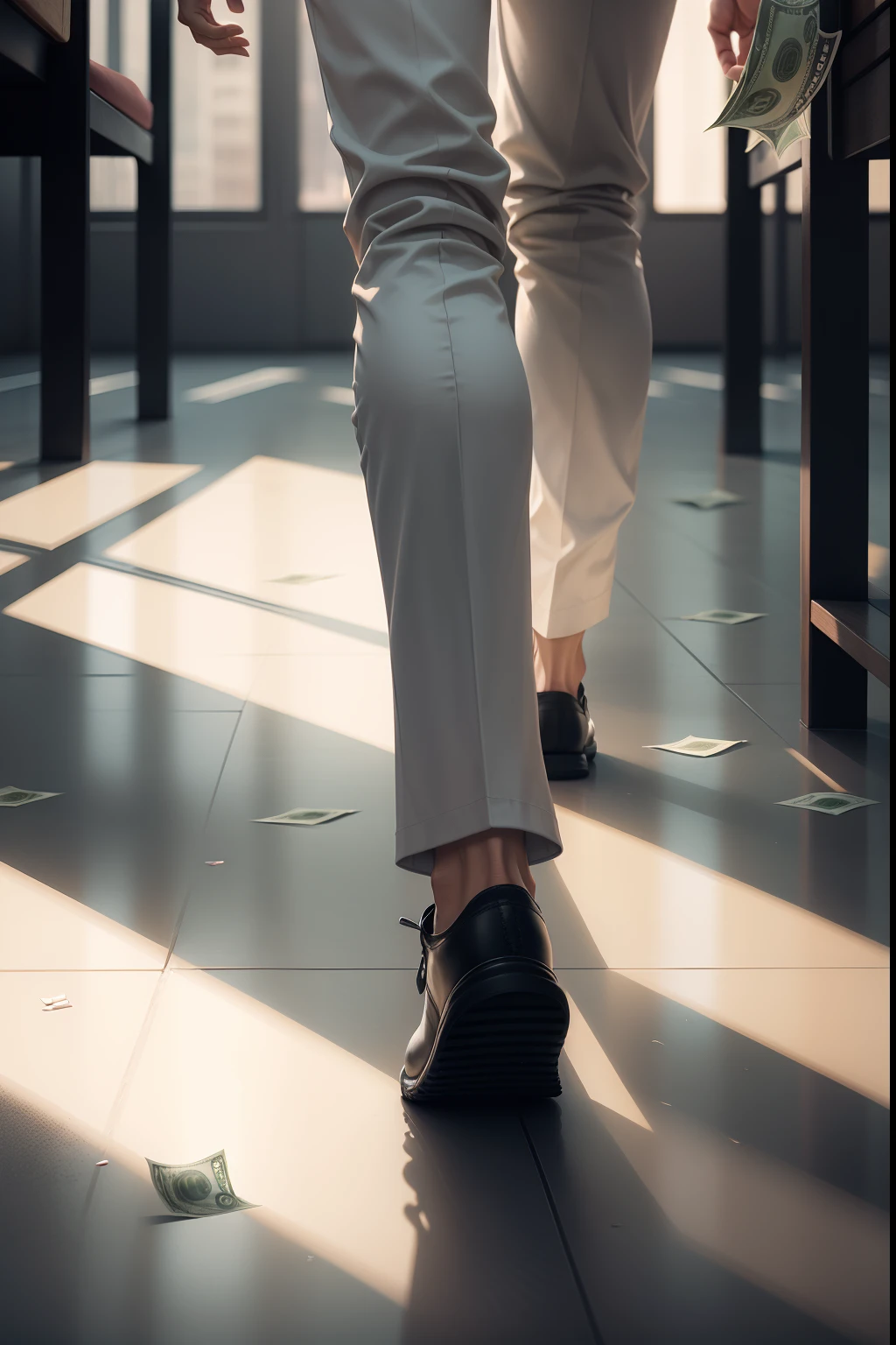 Man walking around in shoes and letting money bills fall to the floor, closeup on the legs and feet, luz indireta, Realistic