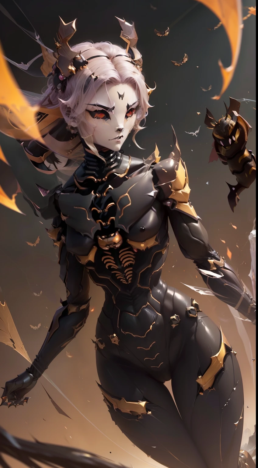 Illustration of a fast-flying hornet、A devil that combines creepiness and beauty、Atrocious、cruel、offensive、Dweller of Darkness、beast、Fusion of man and wasp、fullllbody、(The human:0.4 | hornet:1.8)、(Female Body Line:1.2)、Fly quickly、The left hand is a wasp venomous needle、Stabbing hard with the left hand