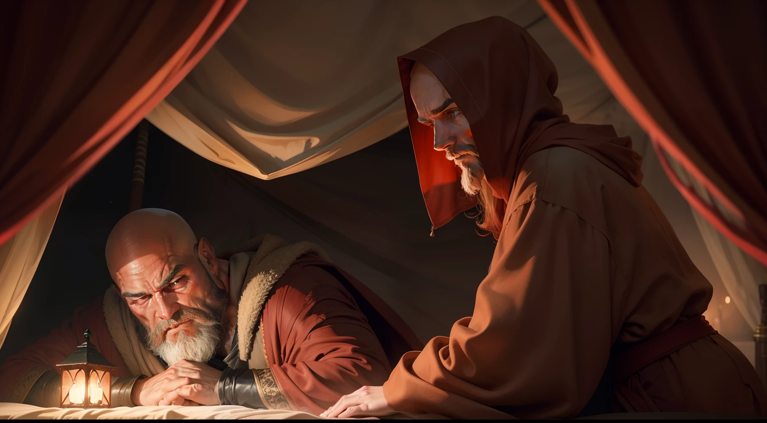 A woman in a brown robe and a red veil driving a stake into the forehead of a strong, bald, bearded man who was asleep, Scenery The interior of a dimly lit tent