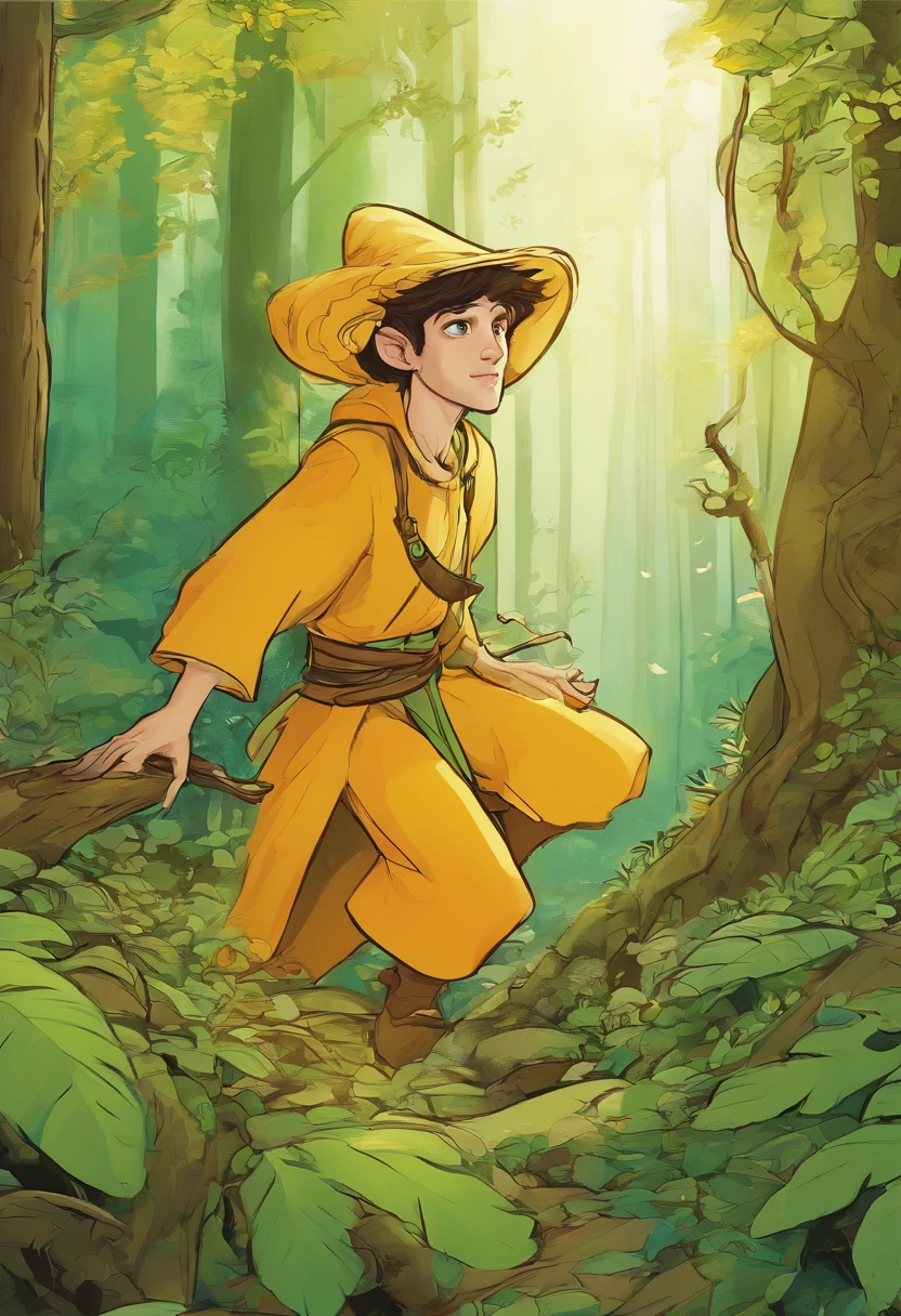 Um personagem de fantasia elfo andando em uma floresta, Pintura digital, estilo realista, artista desconhecido, Deviant Art, Altamente detalhado, magica, soft-lighting, tons de verde e dourado.
