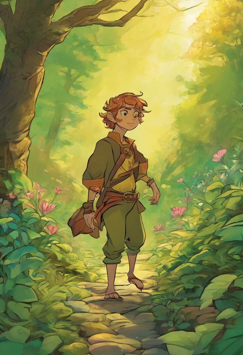 Um personagem de fantasia elfo andando em uma floresta, Pintura digital, estilo realista, artista desconhecido, Deviant Art, Altamente detalhado, magica, soft-lighting, tons de verde e dourado.