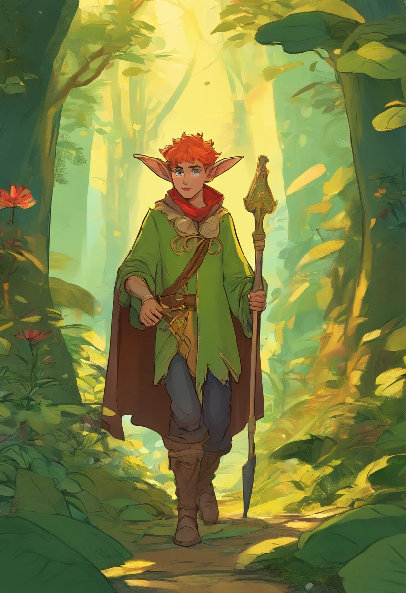 Um personagem de fantasia elfo andando em uma floresta, Pintura digital, estilo realista, artista desconhecido, Deviant Art, Altamente detalhado, magica, soft-lighting, tons de verde e dourado.