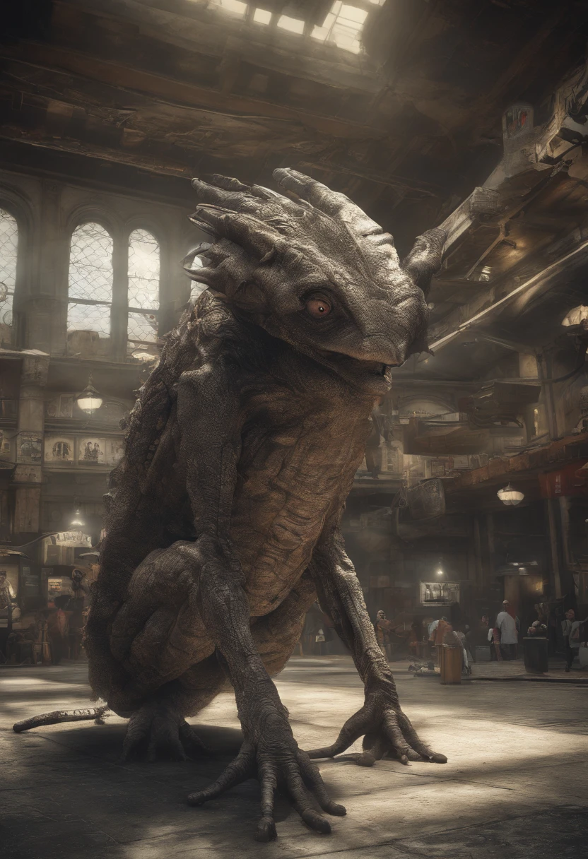 54.	All sort of strange monster creatures by Hieronymus Bosch in avant-garde futuristic street market, Star Wars movie style, low angle, Horizontal view, cinematic composition, detailed concept, brutalist architecture, postprocessing, atmospheric, desaturated, uplight, architectural photo style, Instax Kodachrome photography