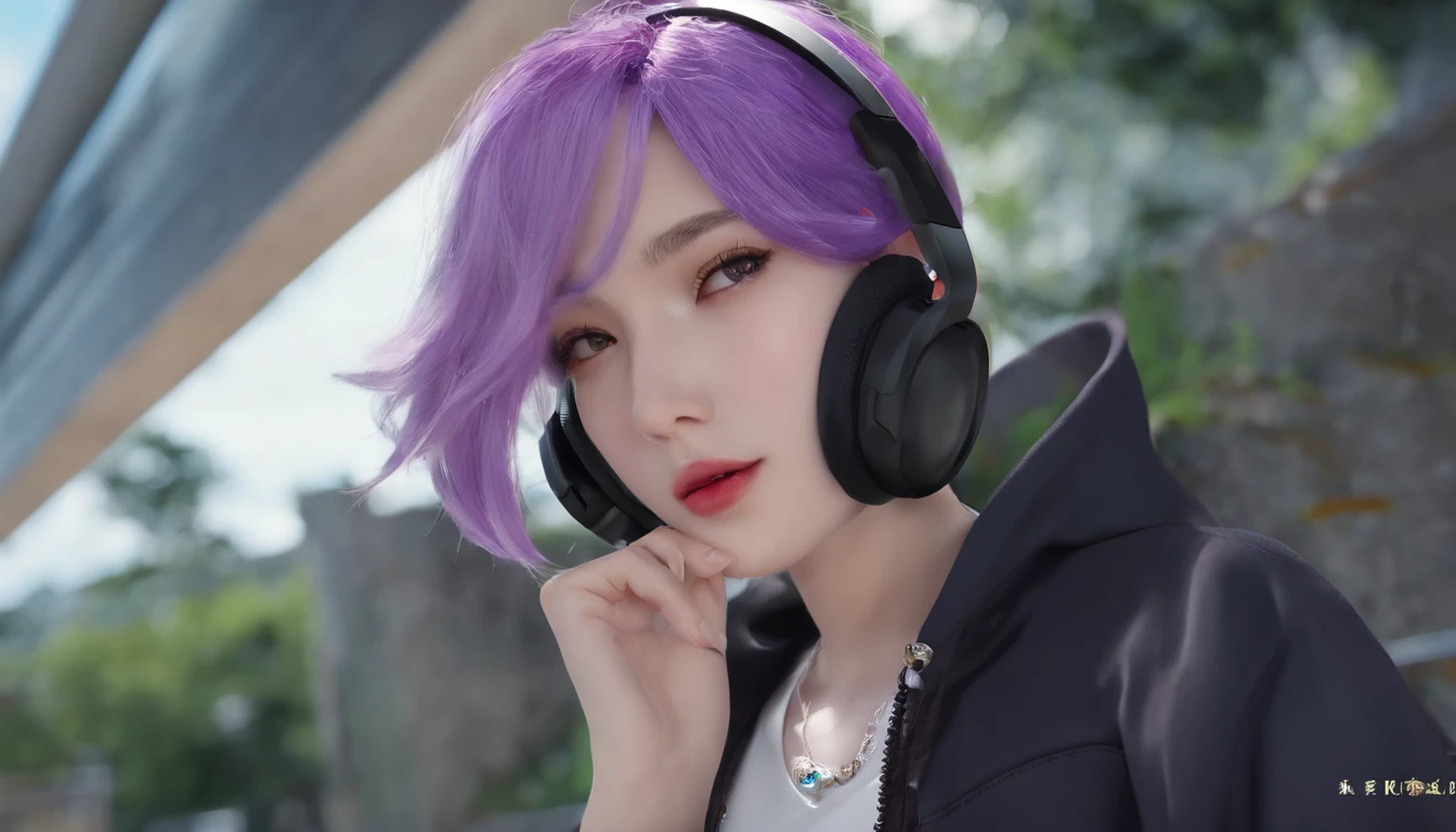 8K分辨率、((top-quality))、((​masterpiece))、((ultra-detailliert))、1 woman、独奏、incredibly absurdness、Oversized hoodies、headphones、Street、plein air、Sateen、neons、Shortcut Hair、Brightly colored eyes、Hands in pockets、shortpants、　purple color  hair　Cool