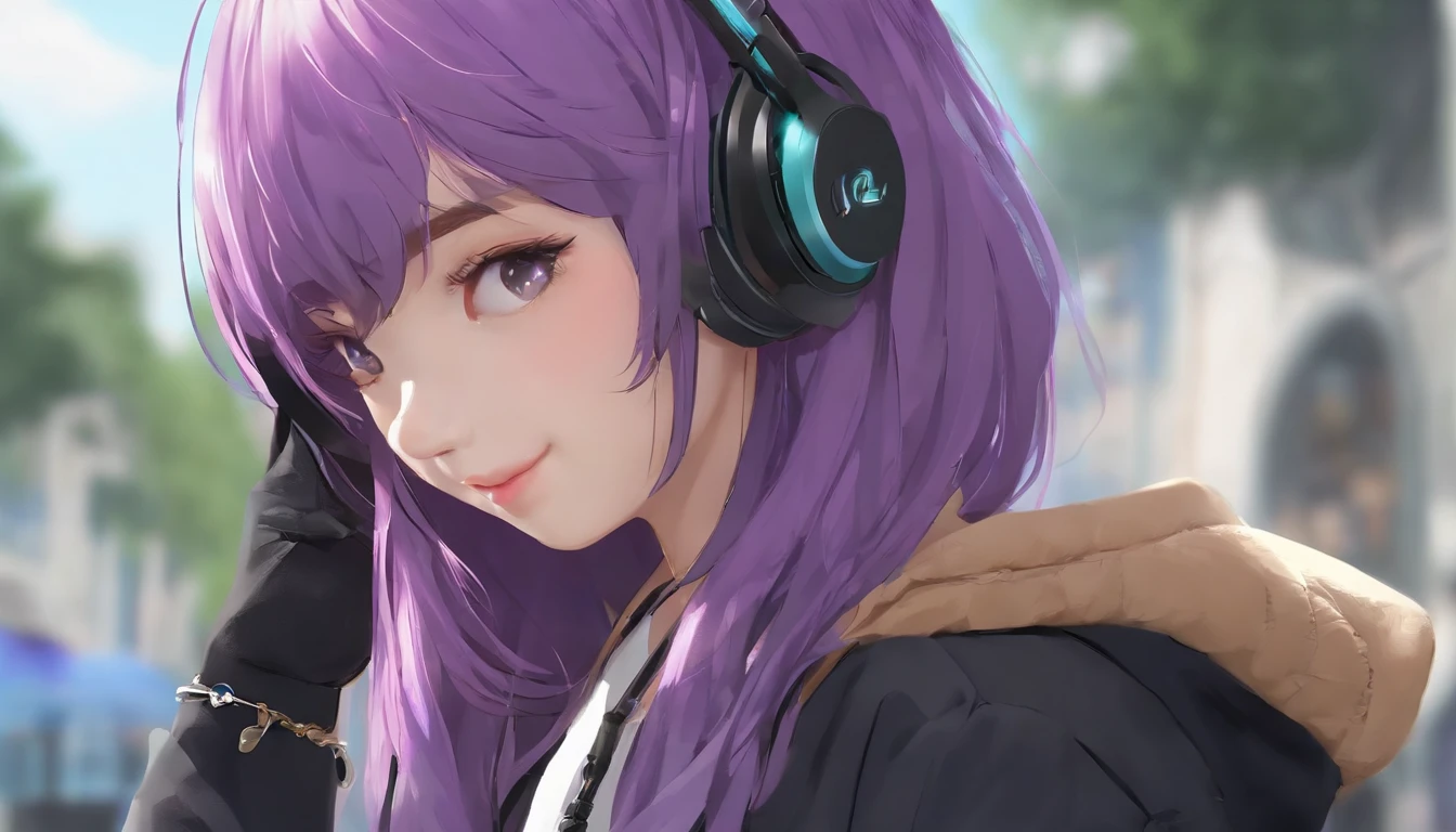 8K分辨率、((top-quality))、((masterpiece))、((ultra-detailliert))、1 woman、独奏、incredibly absurdness、Oversized hoodies、headphones、Street、plein air、Sateen、neons、Shortcut Hair、Brightly colored eyes、Hands in pockets、shortpants、 purple color hair Cool