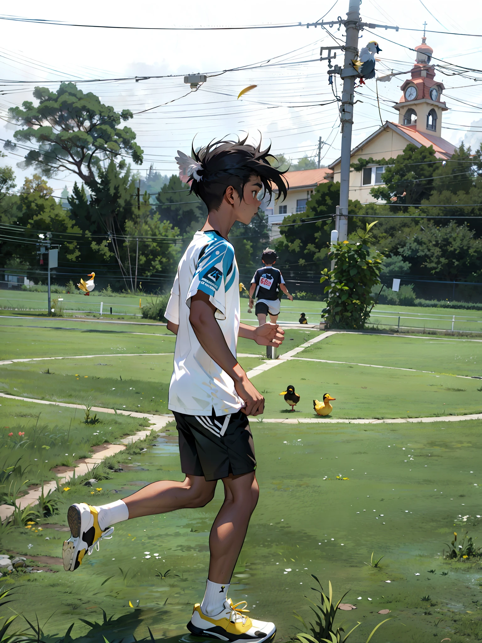 A boy, duck hybrid, messy long white hair, with yellow locks, confused expression, white shirt and shorts, duck feathers and ducktail