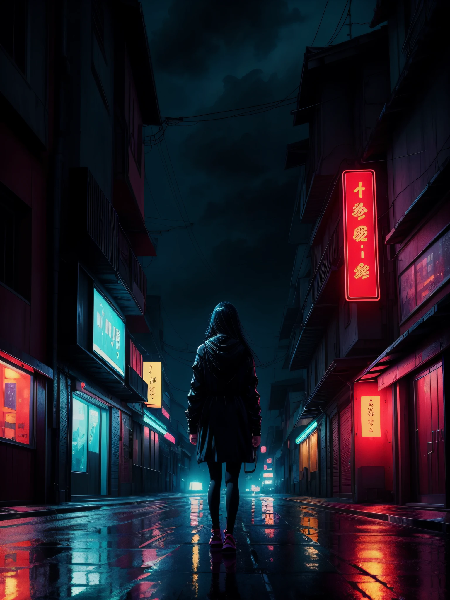 there is a girl walking down a street at night with a rain, by Alena Aenami, inspired by Liam Wong, artwork in the style of guweiz, beautiful and cinematic lighting, anime art wallpaper 4k, anime art wallpaper 4 k, artistic. alena aenami, gloomy cinematic lighting, 4k anime wallpaper, anime atmospheric,