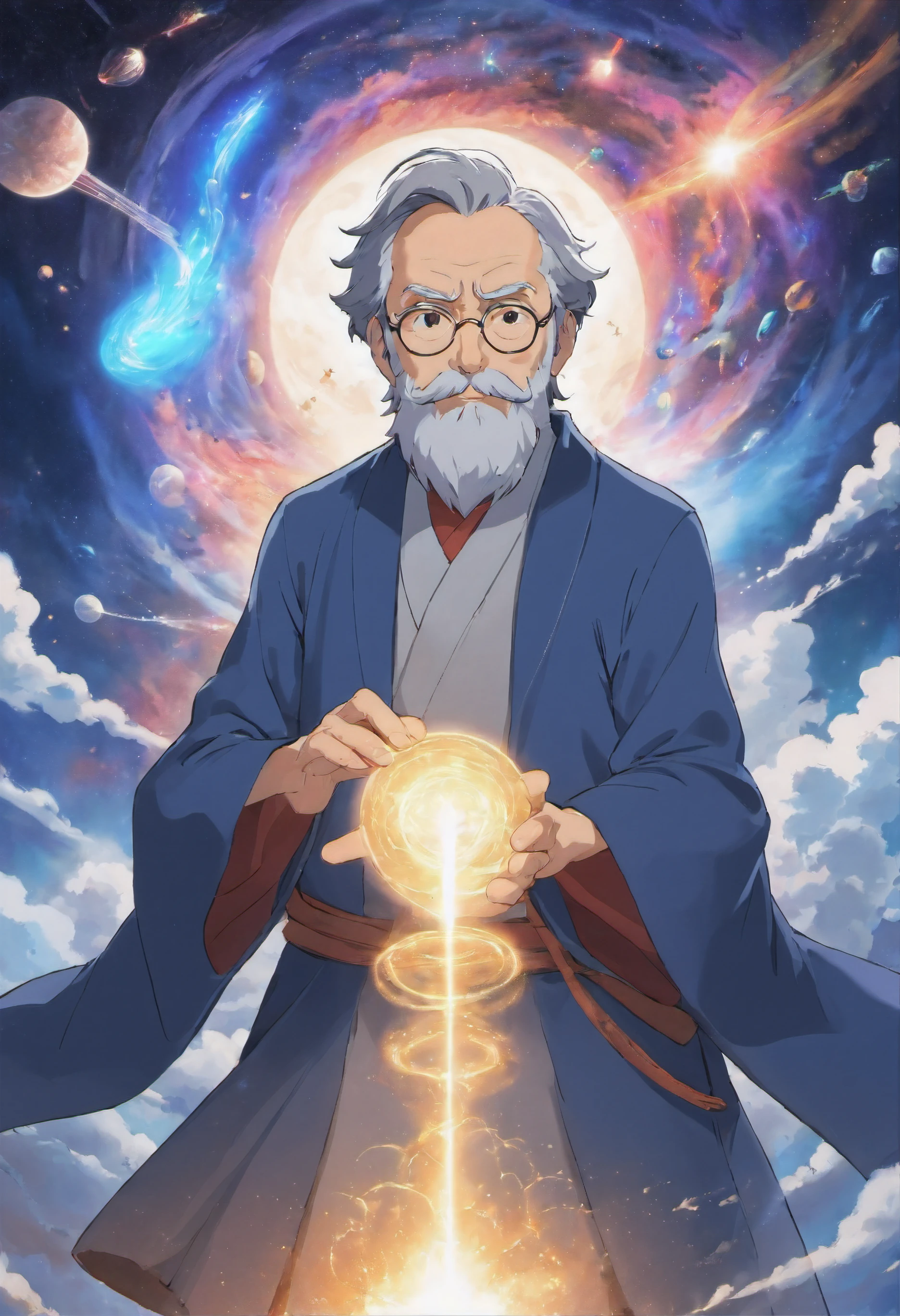 Male grandfather scientist who studies the universe and taboos,Uses dark matter and cosmic energy,wisdom,Love to experiment,Around the halo,High angle of view,vividness,Dynamic movements,lightand shade contrast,Surrounded by smoke,Game character style,Long gray beard