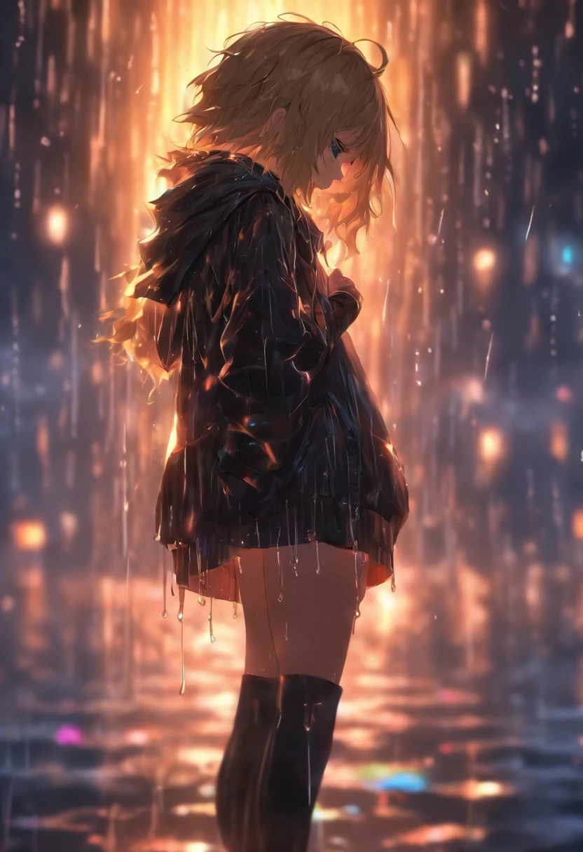 Sad girl,cry,darkness,Rain sky,。.。.。.。.。.。.。.。.。.。.。.3D,Upscale,hard disk,Blonde short,is crying,with his back turned