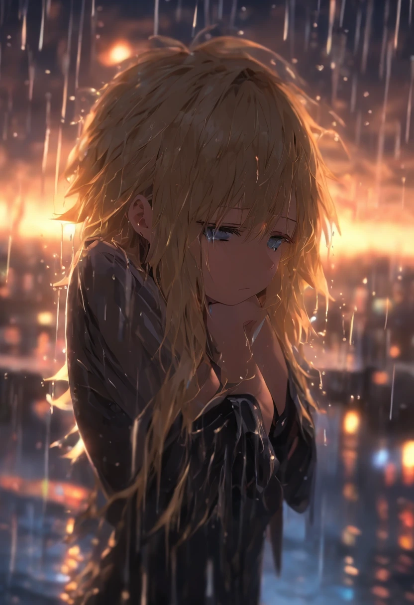 Sad girl,cry,darkness,Rain sky,。.。.。.。.。.。.。.。.。.。.。.3D,Upscale,hard disk,Blonde short,is crying,with his back turned