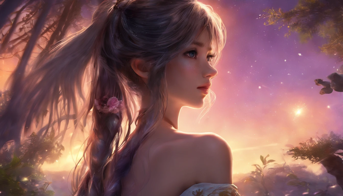 ((Best Quality)), ((Masterpiece)), (Real), (Detail),Anime Style, (1 Woman),beautifully shining eyes like crystal clear glass,Black Hair, Brown hair,4K high-definition digital art, stunning digital illustrations, stunning 8K artwork, colorful digital fantasy art, colorful, bright, beautiful digital artwork, Colorful Digital Painting, Digital Anime Art,8K HD Digital Wallpaper Art, Gorgeous Digital Painting, off shoulder, bare shoulders,cinematic lighting,detailed background,beautiful detailed eyes,bright pupils, (an extremely delicate and beautiful),(Beautiful and detailed eye description), ultra-detailed,masterpiece,)), mysterious, bangs, modern clothes, hair betwen eyes, hair behinde ears, long hair, dark lips,tattoo, messy hair,((Background,(fireflies, glowing particles), flower field,(full moon: 1.2), (shooting star: 0.9), (nebula: 1.3), distant mountain, tree break production art, (warm light source: 1.2), (firefly: 1.2), purple and orange, intricate detail, volume lighting,(sparkling lighting, atmospheric lighting), dreamy, magical, (solo: 1.2)))