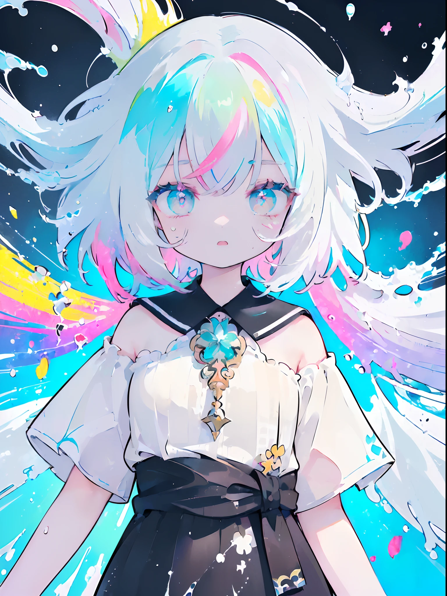 (Colorful hair: 1.8), (all the colours of the rainbow: 1.8),(((((Vertical Painting:1.6))), (Painting:1.6),front, comics, Illustrations, Painterly, Large eyes, Crystal clear eyes,( rainbow color gradient high ponytail:1.7), Exquisite makeup, Closed mouth,(Small fresh: 1.5),(Wipe Chest: 1.6) ,long eyelashes, white off shoulder T-shirt, White shoulder shirt,gaze at the audience, Large watery eyes, (rainbow-colored hair:1.6), Color splash, (Solo:1.8), Color splash, Color explosion, Thick paint style, Messy lines, ((Shining)),(Colorful), (Colorful), (Colorful), Colorful, Thick paint style, (Splash) (Color splash), Vertical Painting, Upper body, Paint splashes, Acrylic Pigment, gradient, paint, Highest image quality, Highest Quality, masutepiece, Solo, depth of fields, Face Paint, colourful clothes, (Elegant: 1.2), Gorgeous,Long hair, Wind, (Elegant: 1.3), (flower petals: 1.4),(((masutepiece))),(((Best Quality))),((Ultra-detailed)),(Illustration),(Dynamic Angle),((floating)),(paint),((disheveled hair)),(Solo),(1girl in) , (((Detailed anima face))),((beautifull detailed face)),Collar,Bare shoulders,White hair, ((Colorful hair)),((striated hair)),Beautiful detailed eyes,(Gradient color eyes),(((Colorful eyes))),(((Colorful background))),(((High color saturation))),(((Surrounded by colorful splashes))),
