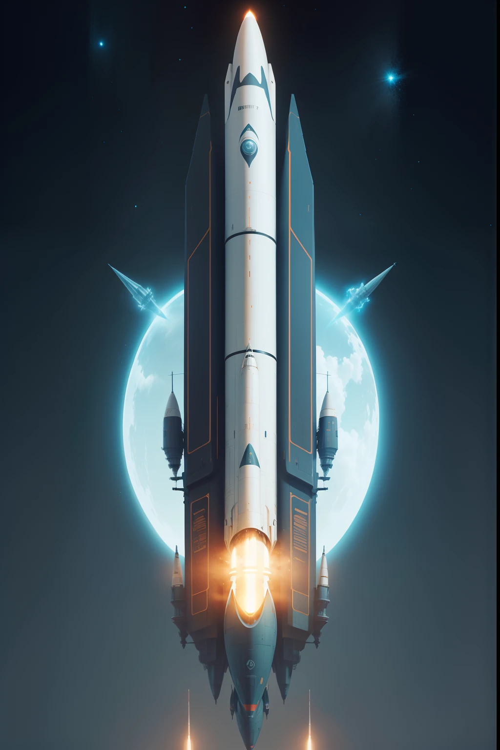 Solid color background giant rocket symmetry futuristic sci-fi
