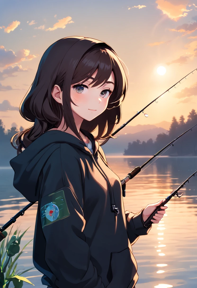 ((((Woman with fishing rod with reel by lake:1.5)))),((1 female 22 years old))((Best Quality, masutepiece :1.5)),(((Hands with the correct number and structure of fingers:1.6))),hight resolution,ultra-detailliert,masterpiece,best qualtiy,,brown haired, long eyeslashes, Drunken eyes, Smiling Woman, drop shadow, Atmospheric perspective,Super Detail, ccurate, small brest,(Black hoodie :1.5),top-quality, blurry backround, bokeh dof:1.2, (masterpiece:1.3), Atmospheric perspective,Super Detail,dynamic compositions,shot in Canon、Shooting at dusk