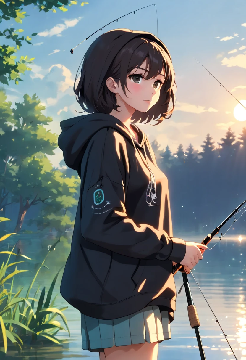 ((((Woman with fishing rod with reel by lake:1.5)))),((1 female 22 years old))((Best Quality, masutepiece :1.5)),(((Hands with the correct number and structure of fingers:1.6))),hight resolution,ultra-detailliert,​masterpiece,best qualtiy,,brown haired, long eyeslashes, Drunken eyes, Smiling Woman, drop shadow, Atmospheric perspective,Super Detail, ccurate, small brest,(Black hoodie :1.5),top-quality, blurry backround, bokeh dof:1.2, (​masterpiece:1.3),  Atmospheric perspective,Super Detail,dynamic compositions,shot in Canon、Shooting at dusk