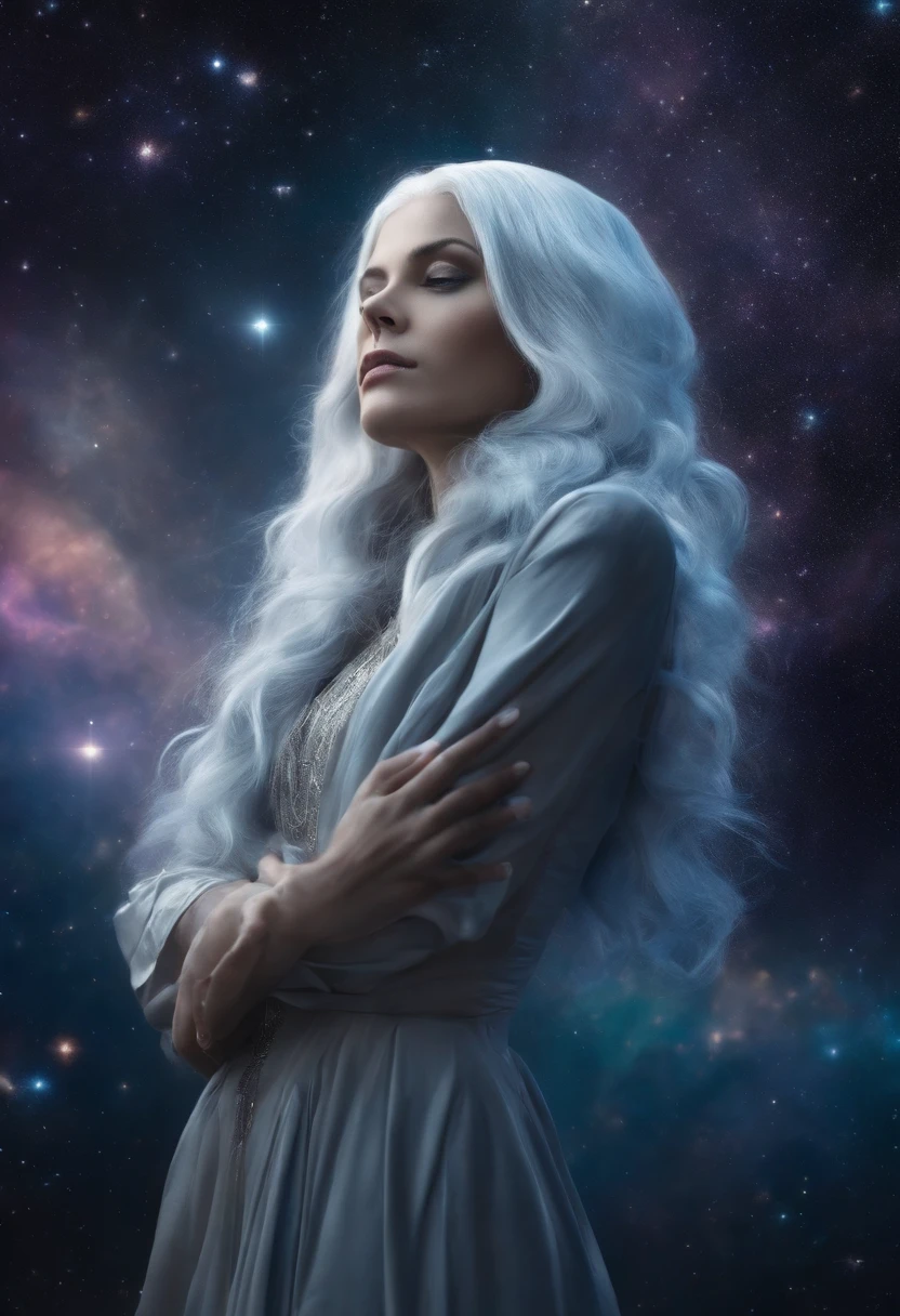 cosmic background,Mysterious woman with beautiful silver hair with alien-like color, Depressed，adult-like