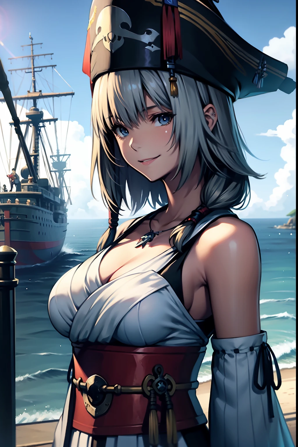 Atlas Fayon woman 25 years old, white hair with black stripes, blue eyes like sapphires, white tiger ears, SMILE, blush, big breasts. dressed as a pirate, pirate captain clothing, neckline, background a pirate ship in the middle of the ocean. floating hair, mature face. neckline,