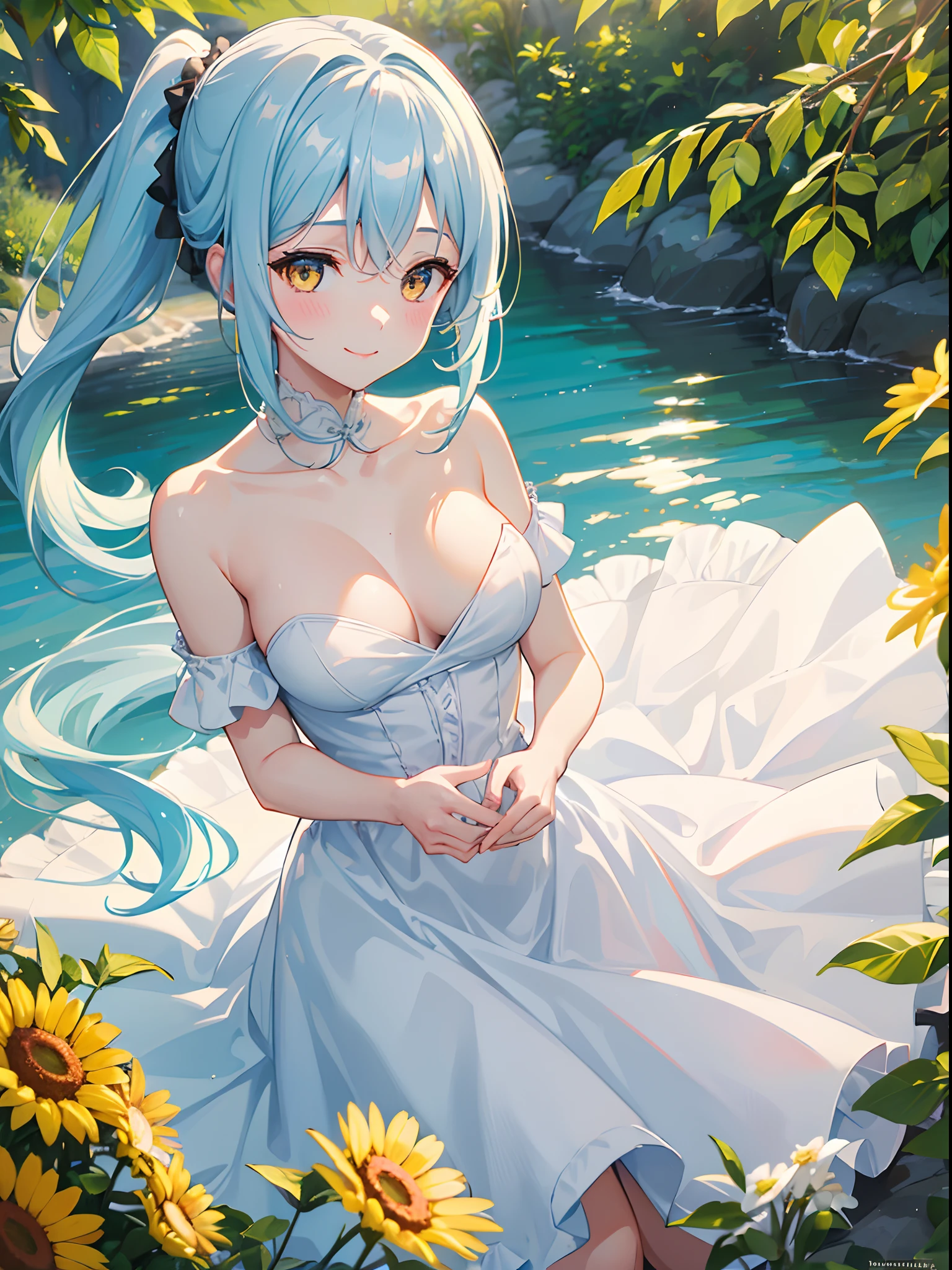 ((4K, master piece, Best Quality)), 1girl in, Light blue center part medium hair, Pony tail, Forehead, Pale yellow eyes, medium breasts, beutiful breast, Pure white dress, Smile, blush, Cute, ridge, sunny mid day, Sunlight