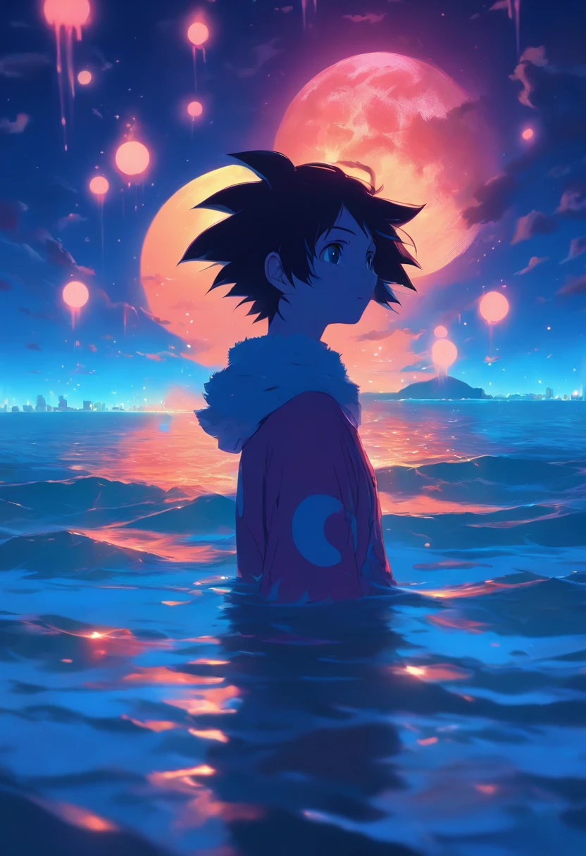 There is a poster，The sky is a full moon and below is the surface of the water, in style of atey ghailan, luminescent concept art, phosphorescence, Inspired by Atey ghailan, Guviz-style artwork, by Atey Ghailan, Lofi art, calm evening. Digital illustration, glowing, fluorescent skin